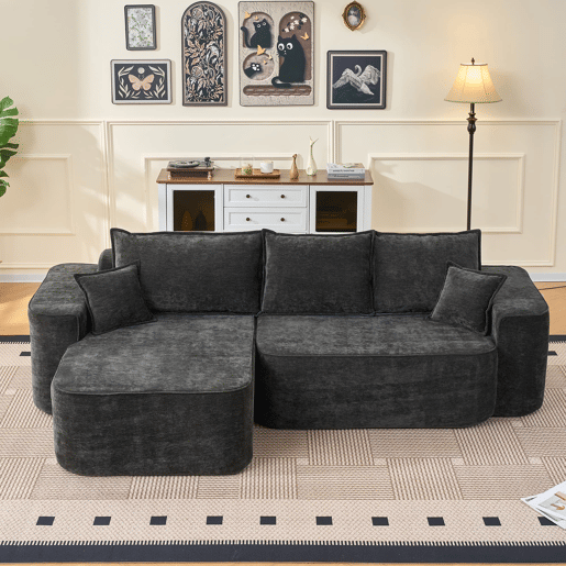 Sofá de canto em L 264 cm - chaise longue, 4 lugares, assento profundo - preto