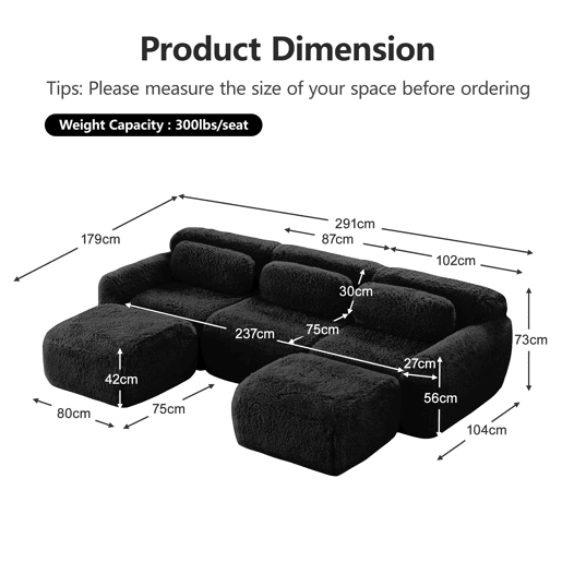 Sofá modular U 3 lugares - Plüsch, sem montagem, antiderrapante, com almofadas - Preto