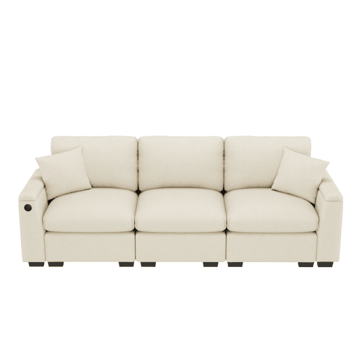 Sofá de 3 lugares em chenille - Com almofadas, mesa rebatível, porta USB, porta-copos e arrumação - Bege