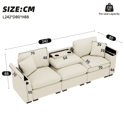 Sofá de 3 lugares em chenille - Com almofadas, mesa rebatível, porta USB, porta-copos e arrumação - Bege