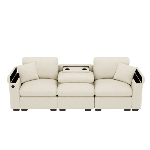Sofá de 3 lugares em chenille - Com almofadas, mesa rebatível, porta USB, porta-copos e arrumação - Bege