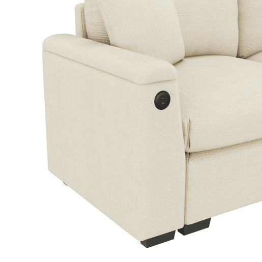 Sofá de 3 lugares em chenille - Com almofadas, mesa rebatível, porta USB, porta-copos e arrumação - Bege