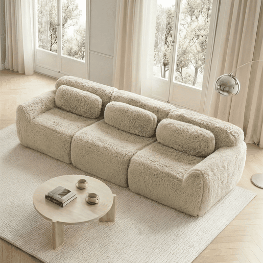 Sofá profundo de 3 lugares - modular, sem montagem, almofadas, suporte ergonómico - Cáqui claro