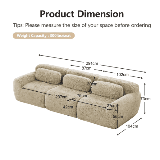 Sofá profundo de 3 lugares - modular, sem montagem, almofadas, suporte ergonómico - Cáqui claro