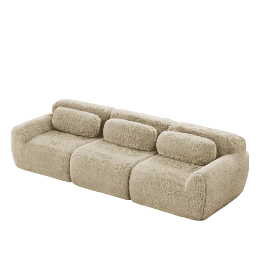 Sofá profundo de 3 lugares - modular, sem montagem, almofadas, suporte ergonómico - Cáqui claro