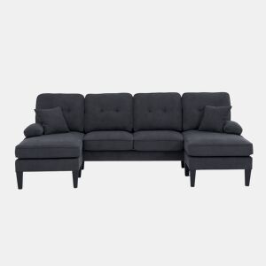 Sofá em U para 4 pessoas - Linho macio, chaise longues duplas, almofadas decorativas - Cinza escuro