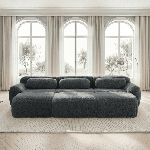 Sofá modular - 3 lugares - Tecido felpudo macio, 3 pufes, sofá-cama confortável - Cinza