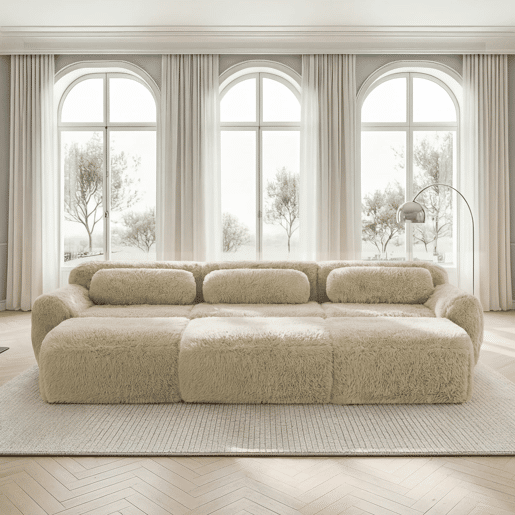 Sofá modular + 3 lugares - Felpa suave, 3 pufes, sofá-cama confortável - Cáqui claro