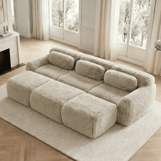 Sofá modular + 3 lugares - Felpa suave, 3 pufes, sofá-cama confortável - Cáqui claro