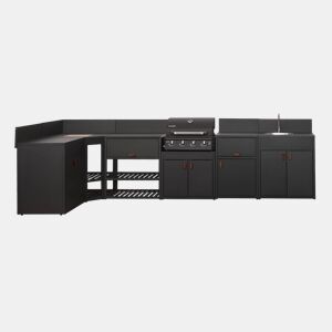 Cozinha exterior em aço com 6 módulos e Churrasqueira a gás de 4 queimadores Preto - 80x62.5x110 cm