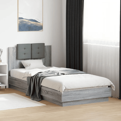 Estrutura de cama de solteiro moderno c cabeceiraluzes LED 100x200cm cinza sonoma