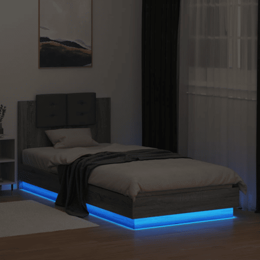 Estrutura de cama de solteiro moderno c cabeceiraluzes LED 100x200cm cinza sonoma