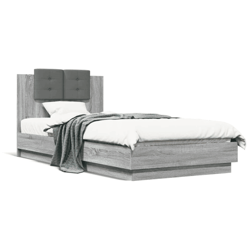 Estrutura de cama de solteiro moderno c cabeceiraluzes LED 100x200cm cinza sonoma