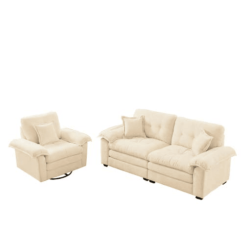 Sofá de 2 lugares + poltrona de 1 lugar - Chenille, acolchoado duplo e almofadas decorativas - Bege Sofá de 2 lugares + poltrona de 1 lugar - Chenille, acolchoado duplo e almofadas decorativas - Bege