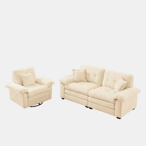 Sofá de 2 lugares + poltrona de 1 lugar - Chenille, acolchoado duplo e almofadas decorativas - Bege