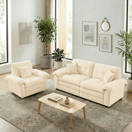 Sofá de 2 lugares + poltrona de 1 lugar - Chenille, acolchoado duplo e almofadas decorativas - Bege Sofá de 2 lugares + poltrona de 1 lugar - Chenille, acolchoado duplo e almofadas decorativas - Bege