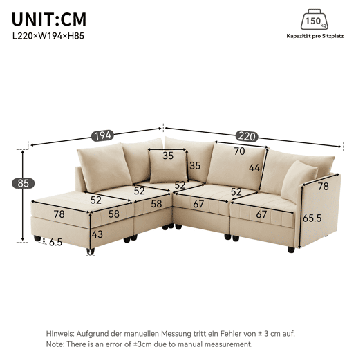 Sofá modular de 5 lugares - Conversível com otomano, LU, para sala de estar - Bege