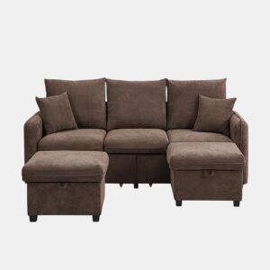 Sofá de canto em U com 3 lugares - com arrumação e função cama - castanho antigo