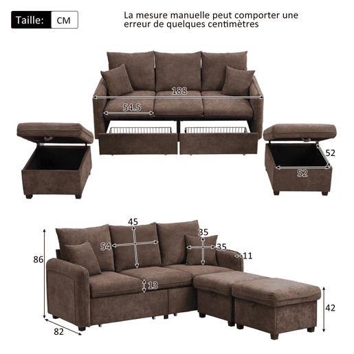 Sofá de canto em U com 3 lugares - com arrumação e função cama - castanho antigo