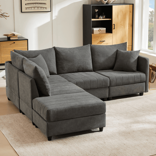 Sofá modular de 5 lugares - chaise longue convertível, L ou U, moderno, sala de estar, apartamento, cinza