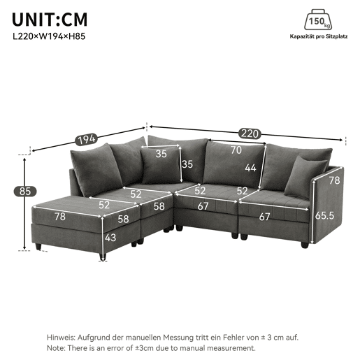 Sofá modular de 5 lugares - chaise longue convertível, L ou U, moderno, sala de estar, apartamento, cinza