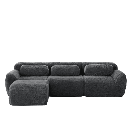 Sofá modular L 3 lugares - Tecido felpudo, sem montagem, com almofadas, antiderrapante - Cinza