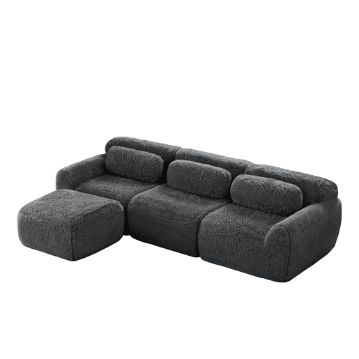Sofá modular L 3 lugares - Tecido felpudo, sem montagem, com almofadas, antiderrapante - Cinza