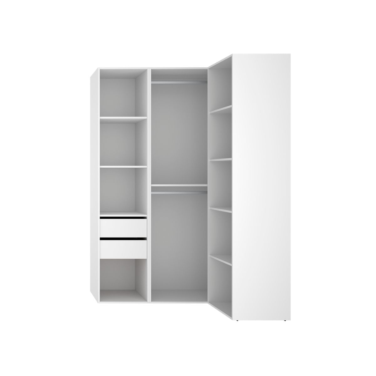 Armario vestidor esquinero 2 cajones 4 estanteras 2 barras metalicas suit - blanco/roble natural - ancho 124 x prof 85cm - homekit