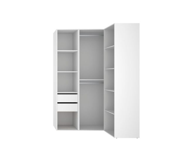 Armario vestidor esquinero 2 cajones 4 estanteras 2 barras metalicas suit - blanco/roble natural - ancho 124 x prof 85cm - homekit