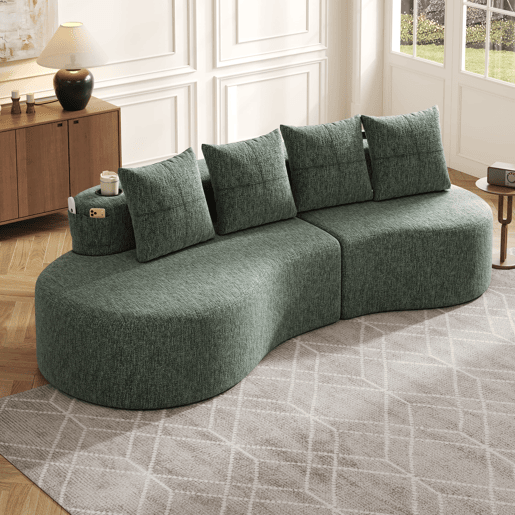 Sofá de linho com 4 almofadas - Enchimento de espuma de alta densidade + molas, porta-copos e bolso lateral - Verde