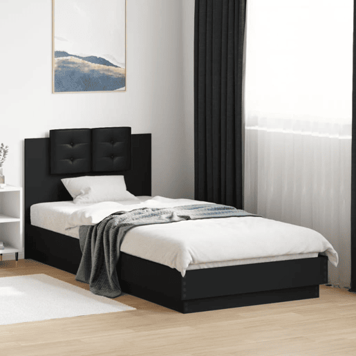 Estrutura de cama de solteiro para adultos com cabeceira e luzes LED 100x200 cm preto