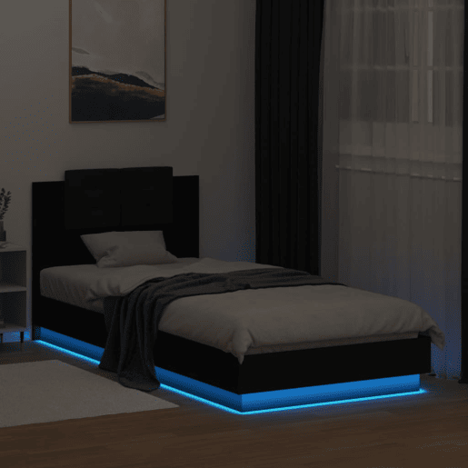 Estrutura de cama de solteiro para adultos com cabeceira e luzes LED 100x200 cm preto