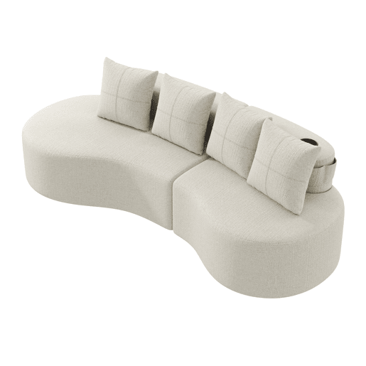Sofá de linho para 4 pessoas - Almofadas, espuma de alta densidade, porta-copos, bolso lateral - Bege