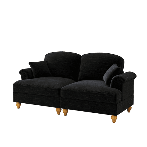 Sofá de 2 lugares - estilo mid-century, braços alargados, saia removível, pernas de madeira - Preto
