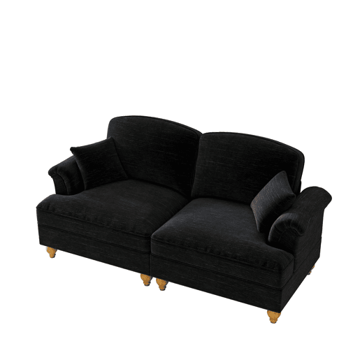 Sofá de 2 lugares - estilo mid-century, braços alargados, saia removível, pernas de madeira - Preto