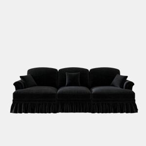 Sofá de 3 lugares - Estilo Mid-Century, chenille, braços cónicos, saia removível, pernas torneadas - Preto