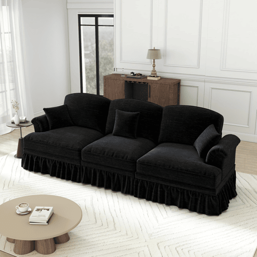 Sofá de 3 lugares - Estilo Mid-Century, chenille, braços cónicos, saia removível, pernas torneadas - Preto Sofá de 3 lugares - Estilo Mid-Century, chenille, braços cónicos, saia removível, pernas torneadas - Preto