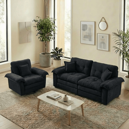 Sofá de 2 peças 3+2 lugares - Chenille, almofadas decorativas, assento profundo - Preto