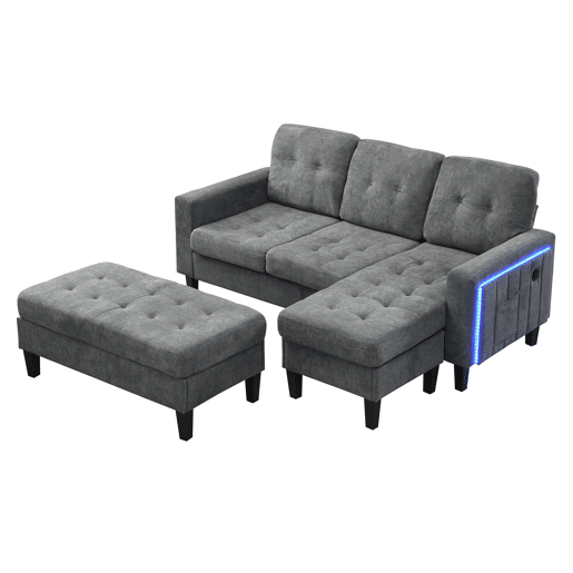 Sofá modular L 3 lugares - com pufe móvel e luz LED ambiente - Cinza Antique