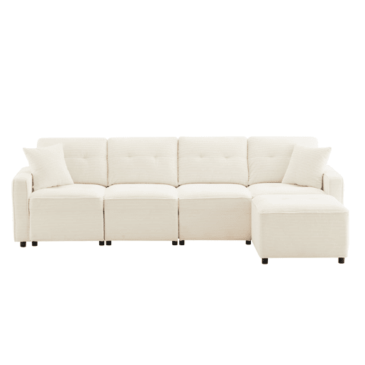 Sofá reto de 4 lugares 280x146 cm - veludo cotelê com arrumação e pufe - bege