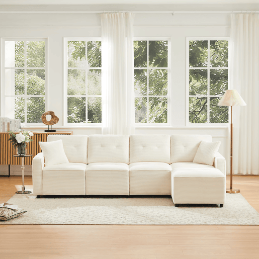 Sofá reto de 4 lugares 280x146 cm - veludo cotelê com arrumação e pufe - bege