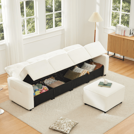 Sofá reto de 4 lugares 280x146 cm - veludo cotelê com arrumação e pufe - bege