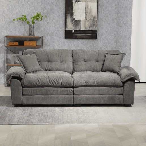 Sofá de 2 lugares + 1 lugar - Chenille, acolchoado duplo, almofadas decorativas - Cinza