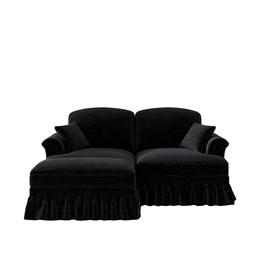 Sofá modular L 2 lugares - estilo Mid-Century, chenille, braços cónicos, saia removível, pernas torneadas - preto