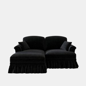 Sofá modular L 2 lugares - estilo Mid-Century, chenille, braços cónicos, saia removível, pernas torneadas - preto