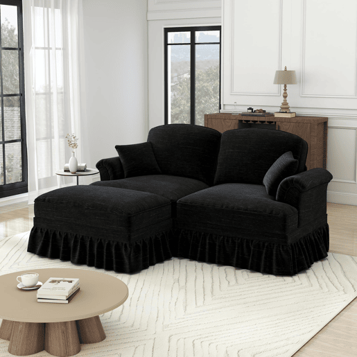 Sofá modular L 2 lugares - estilo Mid-Century, chenille, braços cónicos, saia removível, pernas torneadas - preto