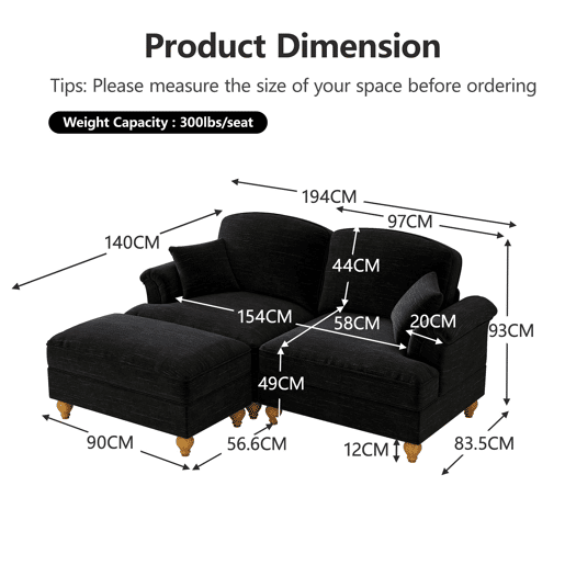 Sofá modular L 2 lugares - estilo Mid-Century, chenille, braços cónicos, saia removível, pernas torneadas - preto