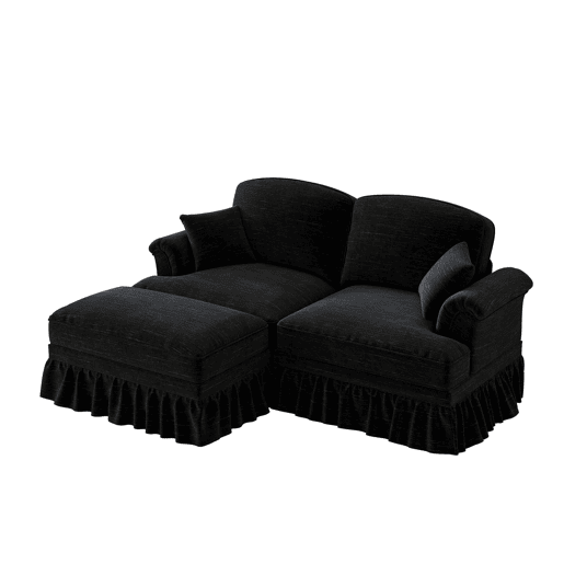 Sofá modular L 2 lugares - estilo Mid-Century, chenille, braços cónicos, saia removível, pernas torneadas - preto