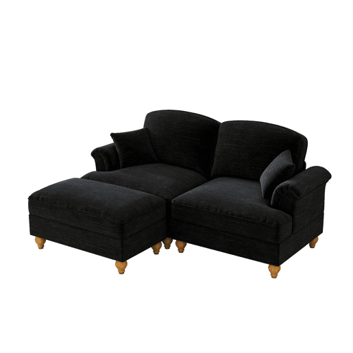 Sofá modular L 2 lugares - estilo Mid-Century, chenille, braços cónicos, saia removível, pernas torneadas - preto