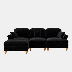 Sofá modular L 3 lugares - estilo Mid-Century, chenille, braços cónicos, otomana móvel - Preto